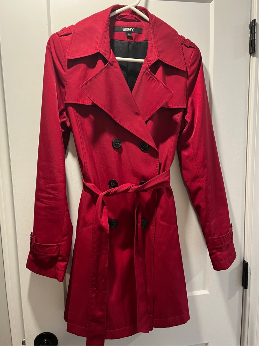 DKNY Red Double-Breasted Trench with Waist Tie
